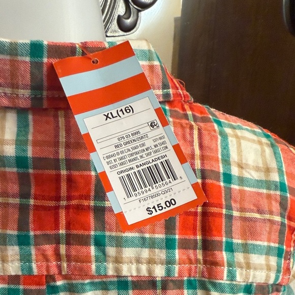 Cat & Jack XL Boys 16 Red and Green Plaid Button Down Shirt - Picture 6 of 10